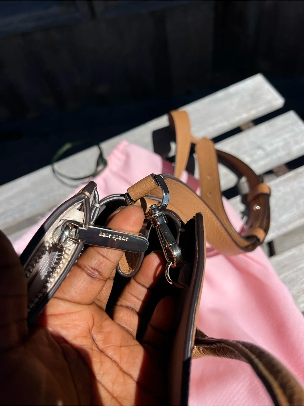 kate spade tan leather satchel with crystal heart charm
